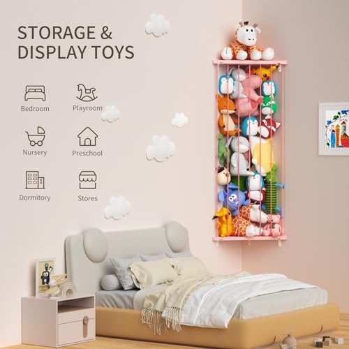 Stuffed Animal Storage Shelf Organizer(Patented) - Corner Stuffed Animal Holder Length Adjustable - Wall Plush Storage for Nursery Playroom Bedroom Kids Room (Pink, Extra Large)
