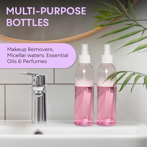 BRIGHTFROM Fine Mist Spray Bottles 8 OZ, Empty Refillable Containers - Essential Oils, Disinfectant Spray, Water 2 PACK (Clear, White Mist)