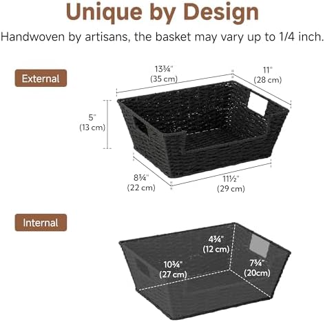StorageWorks Pantry Baskets for Shelves, Snack Baskets, Black Paper Rope | Pantry Baskets for Patato and Onion Storage, Stackable Wicker Basket Organizer for Shelf, Woven Basket for Storage, 2-Pack