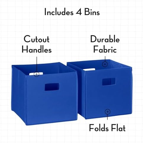 RiverRidge Folding Storage Bins - 4-pack of 10in Tall Blue Cubes | Fabric Bins, Set of 4 Storage Cubes, Cut-out Handles, Playroom Closet Organizer, Collapsible Cubby with Bottom Board Insert