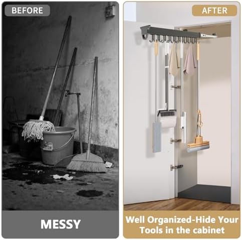 Pull-Out Mop and Broom Holder Slide Broom Closet Organizer Sliding Garage Storage Rack with 20 Adjustable Hooks, 22 in Wall Mount Sliding Organizer Rack for Closet, Kitchen, Laundry
