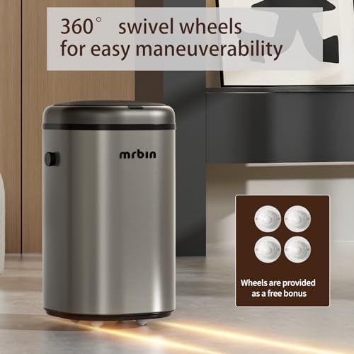 MRBIN Stainless Steel Adsorption Motion Sensor Trash Can Removable, 18L / 4.8gal Automatic Absorbing Bag Lidded Garbage Bin with Wheels, Waste Basket for Kitchen, Bathroom, Eclipse Grey