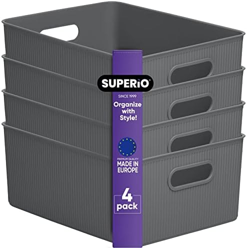Superio Ribbed Collection - Decorative Plastic Basket Open Home Storage Bins Organizer, Large Grey (4 Pack) Container Boxes for Organizing Closet Storage Bins for Shelves 15 Liter/16 Quart