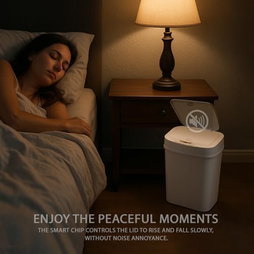 Touchless Motion Sensor Trash Can with Lid, Automatic Infrared Garbage Bin, Narrow Rectangular Bathroom Kitchen Bedroom Office Waste Basket, Soft Close Quiet Seal, Removable Inner Ring (White)
