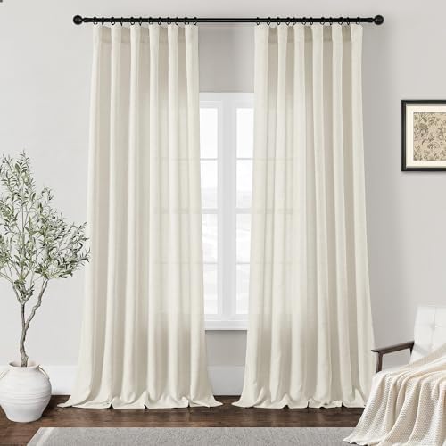 Natural Linen Curtains 108 Inches Long 2 Panels Boho Farmhouse | Light Filtering, Cream Windows Curtains, 108 Inch Length, for Living Dining Room Bedroom, Rod Pocket, Hook Belt Drapes