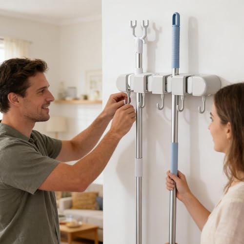 Wall Mounted Mop and Broom Holder, 4 Racks And 5 Hooks Vacuum Suction Cup Mop Holder, Stainless Steel & ABS Organizer for Kitchen, Bathroom, Garage, Laundry Room (White)