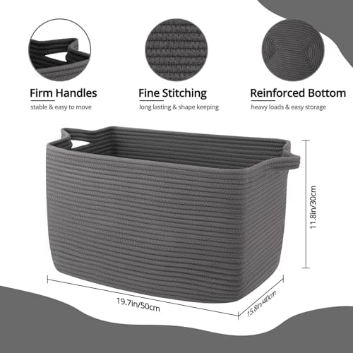 OIASKET Large Toy Basket, Rectangle Woven Rope Storage Basket for Blankets, Dirty Clothes, Shoes, Nursery Organizer Bins (Dark Grey)