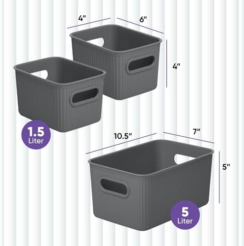 Superio Decorative Plastic Basket Open Home Storage Bins Organizer, Grey (Set of 3) 1 Medium, 2 Small - Container Boxes for Organizing Closet Storage Bins for Shelves Drawer Shelf - Ribbed Collection