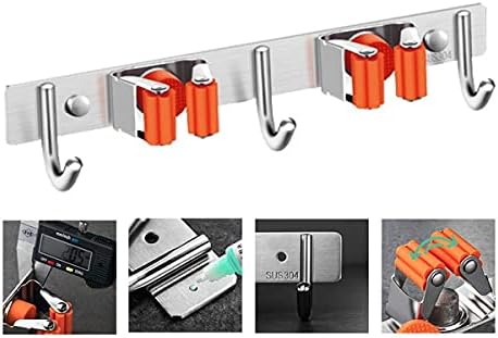 Dual Mop Broom Holder Stainless Steel Wall Mounted Organizer Storage Rack Hanger with 3 Hooks