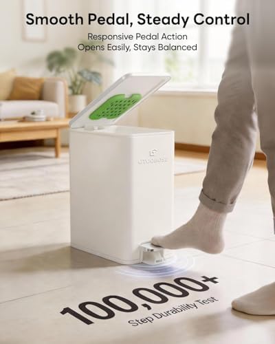 10L/2.6G Slim Bathroom Trash Can, Narrow Stainless Steel Soft-Close Step Pedal Bin with Lid, Odor Control Carbon Box, Removable Inner Bucket, Small Waste Bin for Bedroom, Office, RV (White)