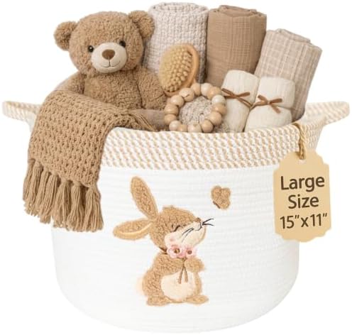 Bunny Baby Storage Basket, Woven Cotton Rope Nursery Bin, 15x11 in | Stuffed Animal and Blanket Storage, Embroidered Bunny Patch, Neutral Nursery Decor, Baby Shower, Playroom Organizer