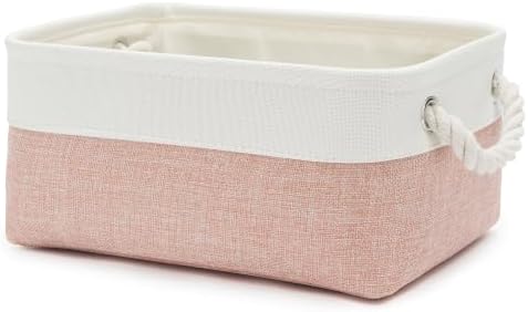 11.8x7.9x5.2 Inch Fabric Small Storage Bins with Handles 1 Pack | Foldable Storage Basket, Sturdy Metal Strand, Cardboard Support Molding, Small Baskets for Organizing, Shelves, White/Pink