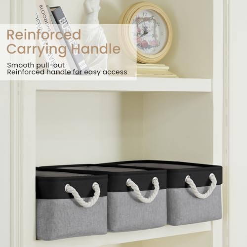 13.8x9.8x6.7 Inch Fabric Small Storage Bins with Handles 1 Pack | Foldable Storage Basket, Sturdy Metal Strand, Cardboard Support Molding, Small Baskets for Organizing, Shelves, Black/Gray