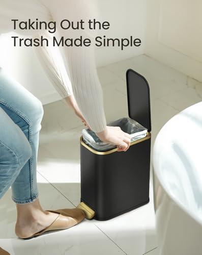 Cesun Small Bathroom Trash Can with Gold Grimmed Lid & Pedal, 1.3Gal, Black | Soft Close Lid, Removable Inner Bucket, Slim Stainless Steel Waste Basket for Home Office, Included 5 Trash Bags, Hidden Bags