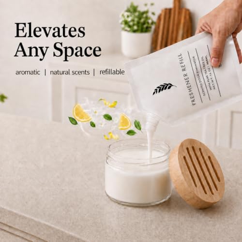 Odor Eliminator Gel Air Freshener Kit - Tea Tree Powered - Refill Gel (15oz), 2 Refillable Jars - Removes Strong Odors, Fragrant, & Long Lasting (Lemon Fresh)