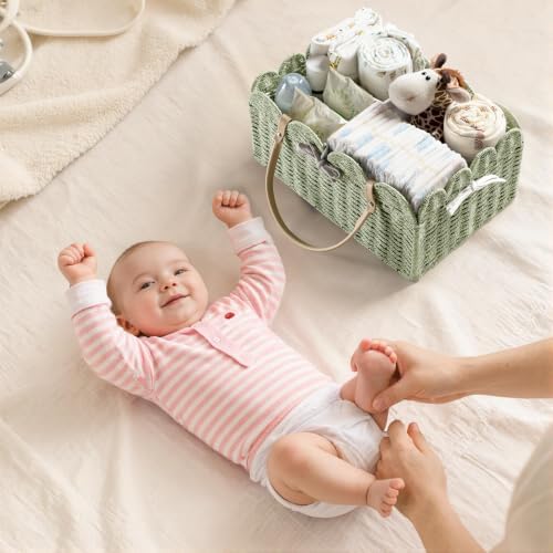 HBlife Large Baby Diaper Caddy, Paper Rope Scalloped Storage Baskets Nursery Bin with Removable Divider, Portable Car Organizer for Diapers, Baby Shower Gifts, Newborn Essentials Must Haves, Green
