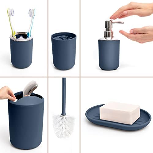 Moss & Stone 6-Piece Blue Bathroom Accessories Set, Soap Dispenser | Modern Plastic Bathroom Set with Toothbrush Holder, Soap Dish, Cup & Trash Can for Countertop Organization and Bathroom Decor
