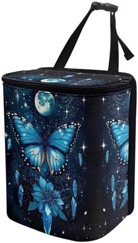Butterfly Floral and Moon Pattern Car Trash Can with Lid and Zipper Portable Foldable Trash Bin for Car Interior Accessories Multipurpose Garbage Can Bags Storage Organizer