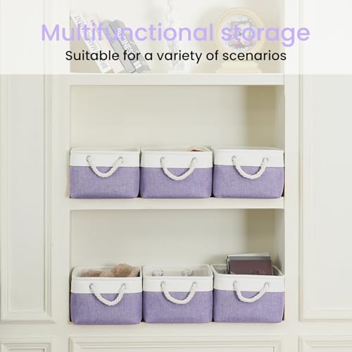 13.8x9.8x6.7 Inch Fabric Small Storage Bins with Handles 3 Pack | Foldable Storage Basket, Sturdy Metal Strand, Cardboard Support Molding, Small Baskets for Organizing, Shelves, White/Purple