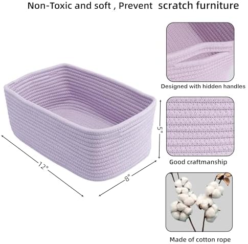 XUANGUO Small Woven Storage Baskets for Shelves, 12" x 8" x 5", Purple | Decorative rope storage bins for closets and toy storage; cute organizer baskets, empty gift baskets and nursery storage.