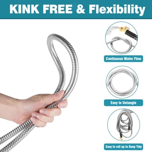 Metal Garden-Hose 200Ft Stainless Steel Water Hose Heavy Duty with 10 Way Nozzle-Flexible Lightweight Durable No Kink & Tangle，Strong 3/4’’ Solid Metal Fitting Shut-Off Valve for Outdoor Yard