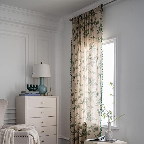 Sutuo Home Boho Curtain 84 Inches Length for Bedroom, Printed Cotton Linen Rod Pocket Semi Blackout Farmhouse Bohemian Tassels Window Treatment for Living Room, 1 Panel 59" W x 84" L, Green Forest
