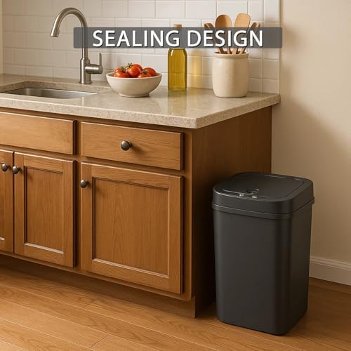 Touchless Motion Sensor Trash Can with Lid, Automatic Infrared Garbage Bin, Narrow Rectangular Bathroom Kitchen Bedroom Office Waste Basket, Soft Close Quiet Seal, Removable Inner Ring (Black)