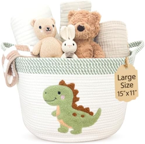 Dinosaur Baby Storage Basket, Woven Cotton Rope Nursery Bin, 15x11 in | Stuffed Animal and Blanket Storage, Soft Felt Dinosaur Patch, Baby Nursery Decor, Baby Shower, Kids Playroom Organizer