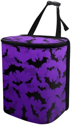Purple Bats Pattern Car Trash Can Leakproof Garbage Bag with Lid and Zipper 1.2Gal Trash Bin Hanging for Back Seat Halloween Car Accessories Universal Fit