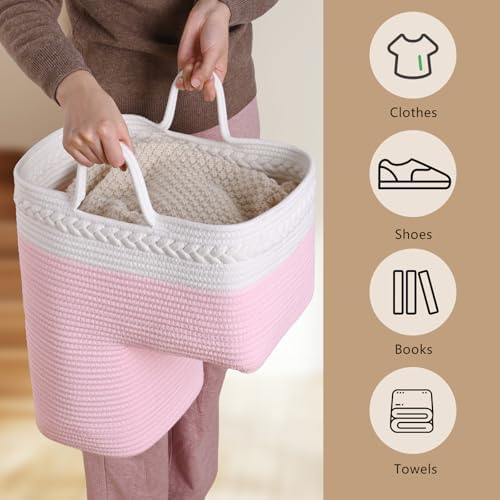 Stair Basket for Wooden & Carpeted Stairs, Foldable Cotton Rope Step Basket with Handles, Staircase Storage Organizer, Pink, 15" Lx 10" W x 15" H