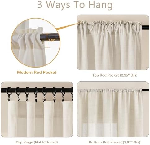 Linen Curtains 24 Inches Long 2 Panels for Kitchen Window Semi Sheer | Light Filtering Privacy Curtain, Dual Rod Pocket, for Farmhouse Rustic Natural, Cafe RV Campers Drapes, W25 x L24