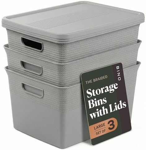 BINO | Plastic Storage Bins with Lids, 22 Liter - 3 Pack, Natural Grey | THE BRAIDED COLLECTION | Plastic Bins for Organization Woven Storage Baskets for Organizing Pantry Shelf Organizer Basket Bin