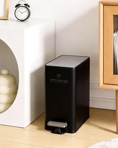 6L/1.6G Slim Bathroom Trash Can, Narrow Stainless Steel Soft-Close Step Pedal Bin with Lid, Odor -free Carbon Box, Removable Inner Bucket, Matte Small Waste Bin for Bedroom, Office, RV(Black)