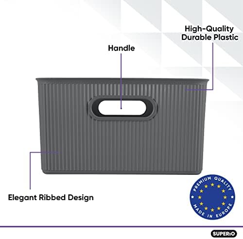 Superio Decorative Plastic Basket Open Home Storage Bins Organizer Baskets,Large Grey (8 Pack) Container Boxes for Organizing Closet Storage Bins for Shelves Drawer Shelf, 15 Liter