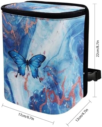 Blue Butterfly Marble Print Trash Can for Car Leakproof Garbage with Lid and Zipper Trash Bin Hanging Back of Seat Auto Interior Accessories Universal Fit Most Truck SUV Van