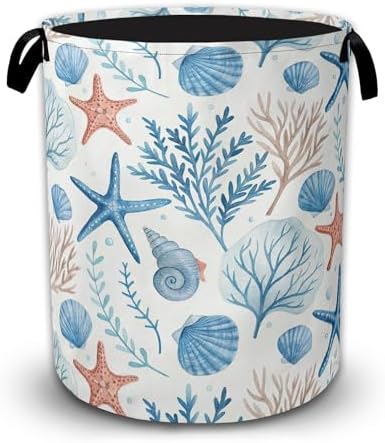 Summer Seashells Coral Waterproof Laundry Basket with Handles, Foldable Clothes Hamper, Large Capacity Laundry Organizer Bin for Bedroom Bathroom Dorm Room