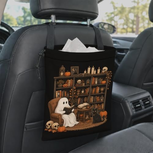 Ghost Reading Book Halloween Car Garbage Bag Canvas Trash Can | Dark Academia Gothic Skull Bookish Drawstring Car Trash Bag Hanging for Back Seat with Adjustable Buckle