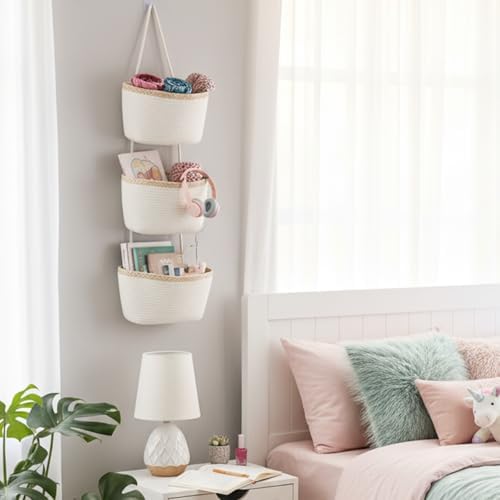 TeoKJ Over the Door Hanging Basket, 3-Tier Woven Cotton Wall-Mounted Storage Organizer Bag Decorative Hanging Nursery Baskets, White & Light Brown