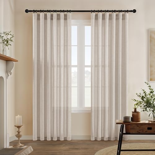 Linen 86 Inch Curtains 2 Panels with Rod Pocket Hook Belt Privacy | Semi Sheer Light Filtering, Farmhouse Curtains, Tan Beige, Flax Linen, Long Window Drapes, for Dining Living Room Bedroom