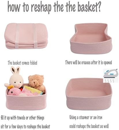 XUANGUO Small Woven Storage Baskets for Shelves, 13" x 9" x 5", Pink | Decorative rope storage bins for closets and toy storage; cute organizer baskets, empty gift baskets and nursery storage.