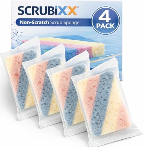Non Scratch Scrub Sponges, 4 Pack Individually Wrapped Sponges Multi Purpose Cleaning Sponge for Kitchen Dish Washing, Non Abrasive Heavy Duty Scrubber for Dishes Pots Pans.