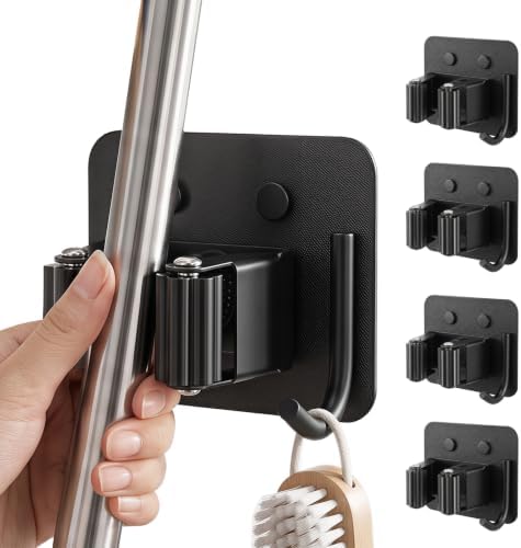 CUXIXA Mop and Broom Holder Wall Mount 4 Pack Broom Hanger Wall Mount | Upgraded Stainless Steel Broom and Mop Organizer Wall Hanging for Kitchen Bathroom Garden Garage Laundry Room (Black-4pcs)