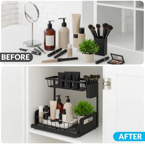 2 Pack Under Sink Organizer, Heavy Duty 2 Tier Slide-Out Storage, Space Saving Cabinet Organizer for Bathroom & Kitchen, Metal Shelf with Brush Holder, Black
