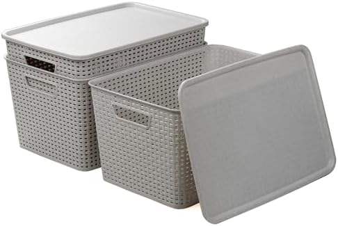 BINO | Plastic Storage Baskets with Lids, 22 Liter - 3 Pack, Natural Grey | THE WOVEN COLLECTION | Storage Basket for Shelves | Woven Storage Baskets for Organizing Bins | Pantry Shelf Organizer Bin