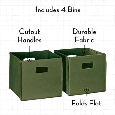RiverRidge Folding Storage Bins - 4-pack of 10in Tall Olive Cubes | Fabric Bins, Set of 4 Storage Cubes, Cut-out Handles, Playroom Closet Organizer, Collapsible Cubby with Bottom Board Insert