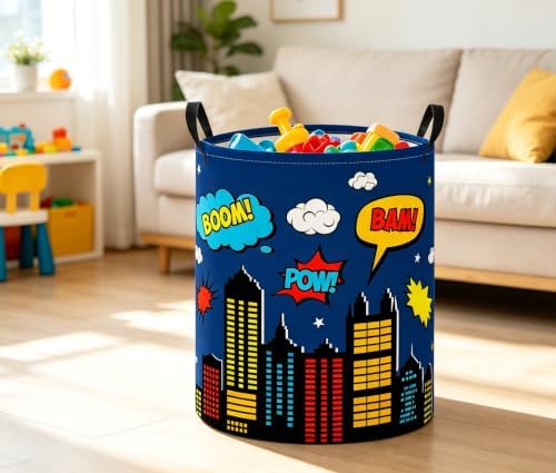 Baby Laundry Basket Baby Nursery Hamper Kids Laundry Basket Toy Storage Bin for Boys Room Decor Gift Baskets for Bedroom Bathroom(Blue City)