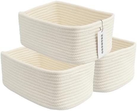 XUANGUO Small Woven Storage Baskets for Shelves, 12" x 8" x 5", White | Decorative rope storage bins for closets and toy storage; cute organizer baskets, empty gift baskets and nursery storage.