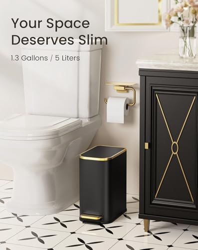 Cesun Small Bathroom Trash Can with Gold Grimmed Lid & Pedal, 1.3Gal, Black | Soft Close Lid, Removable Inner Bucket, Slim Stainless Steel Waste Basket for Home Office, Included 5 Trash Bags, Hidden Bags