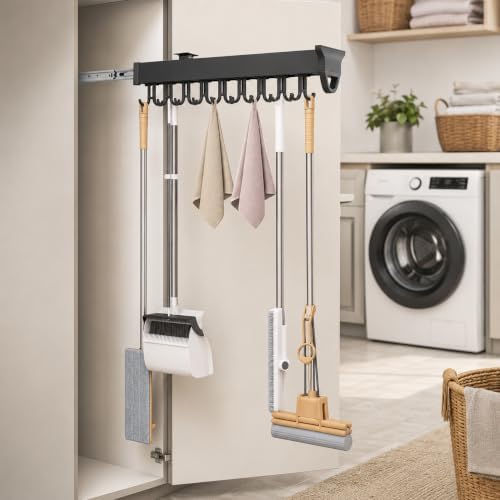 Sliding Broom Storage Rack, Shelf Broom Pull Out with 20 Removable Hooks | 66 lbs Broom Organizer stand for Home Laundry Wardrobe Kitchen Garage Cupboard