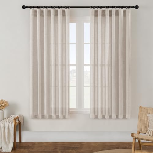 Linen Textured Curtains 63 Inch Length Semi Sheer Linen Small Drapes | Light Filtering Privacy Curtain Rod Pocket Hook Belt 63 Inches Long 2 Panels for Farmhouse Kitchen Bedroom Apartment